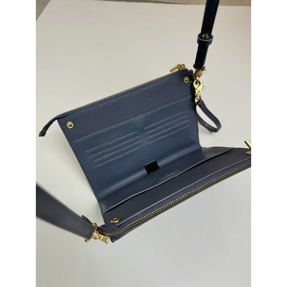 Dagne Dover Double Zip Crossbody in Dusty Blue with Gold Hardware